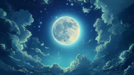 Full moon glowing brightly over cloud-filled night sky.