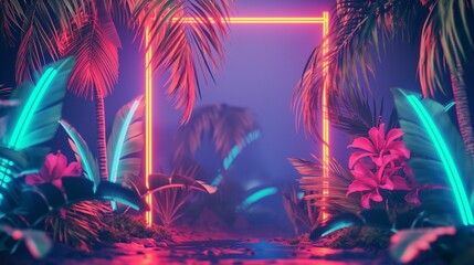 Tropical neon paradise with vibrant pink and blue lighting.