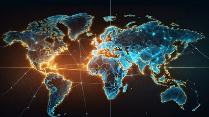 World map with glowing lines and connections on dark background.