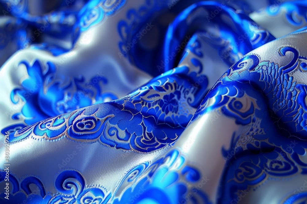 Poster detailed close up of elegant blue and white patterned fabric for versatile use in various projects