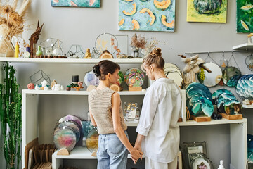 Two women, a loving lesbian couple, stand together in an art studio, sharing a tender moment.