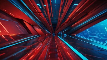 blue and red, futuristic tunnel with bright lights