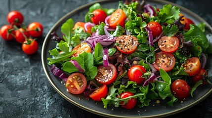Colorful Fresh Salad with Tomatoes, Onions, and Greens