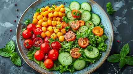 Colorful Fresh Salad with Tomatoes, Cucumbers, and Corn