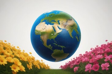 the globe is decorated with flowers, a space for text, international Earth Day