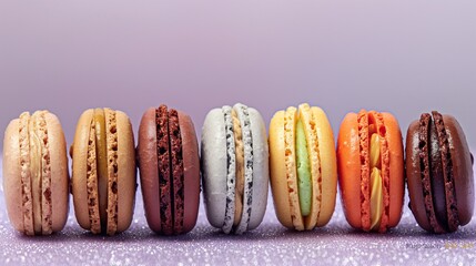 An assortment of colorful macarons, each with a unique flavor, arranged in a neat row against a pastel lavender glitter background.