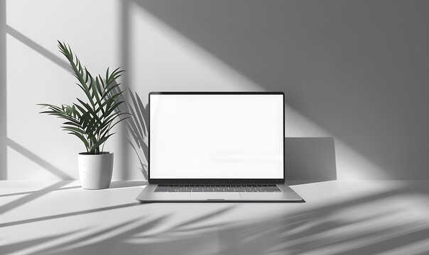 minimalist office scene with a sleek laptop mockup on a bright white screen