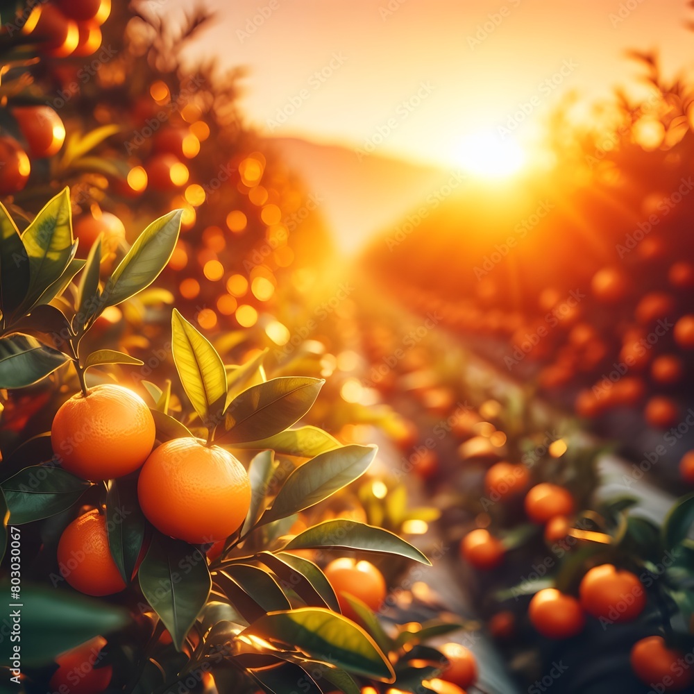 Poster tangerines on the orange tree in sunset light. tangerines on the orange tree generated by ai