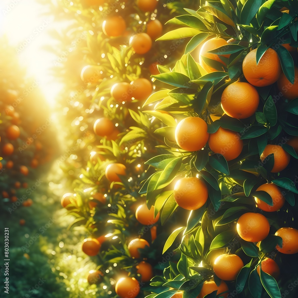 Poster tangerines on the orange tree in sunset light. tangerines on the orange tree generated by ai