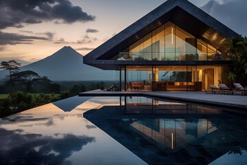 Big Luxury House with Exterior Pool and Mountain View at Dusk