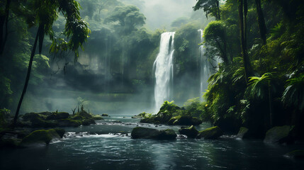 The powerful rush of a high waterfall plunging into a mist-covered pool below, with the lush greenery of the surrounding forest enhanced by the soft, diffused light of an overcast day.