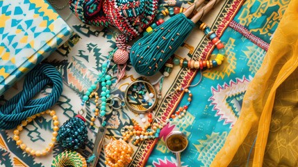 A textile table is decorated with yarn, beads, scissors, and flowers. The aqua, electric blue, and...
