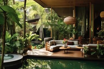 Fototapeta premium Modern Living Room with Pool and Lush Jungle Background
