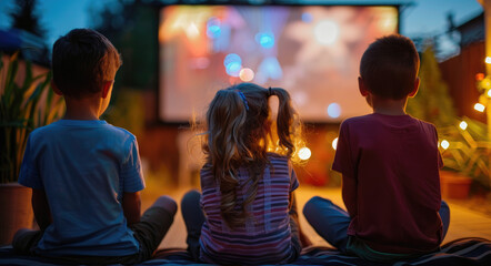 Children were watching a movie on an outdoor projector in the garden at home, sitting together with their parents and enjoying fun moments of family time - obrazy, fototapety, plakaty