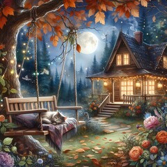 Beautiful autumn landscape with a wooden house, a swing and a cat on a swing generated by ai