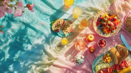 An electric blue picnic table adorned with plates of food and drinks, creating a visual art piece resembling a painted pattern drawing under a glass ceiling at a circle event AIG50