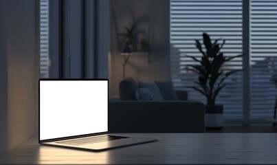 minimalist room with a sleek laptop mockup glowing against a white screen