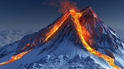 Aerial evening view of volcanic eruption with mesmerizing lava flow from the mountain