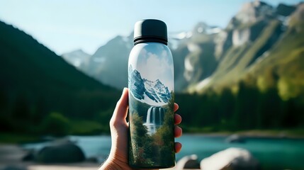 Reusable Water Bottle: Nature Background, Handheld Outdoors, Eco-Friendly Concept