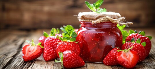 Delectable homemade strawberry jam meticulously preserved in a traditional glass jar