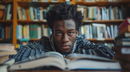 Young Man Studying Intensely in Library

