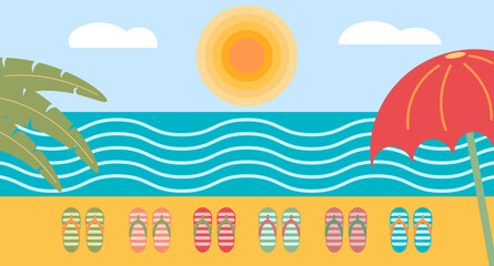 Summer. Set of vector summer backgrounds. Fruit beach umbrella, flip flops and cocktail. Abstract vector background, patterns for posters, covers, flyers, banners.