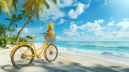 Fototapeta premium Yellow bicycle with pineapple basket on tropical beach.