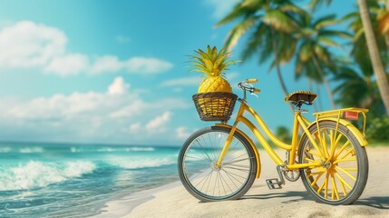 Obraz premium Yellow bicycle with pineapple basket on tropical beach.