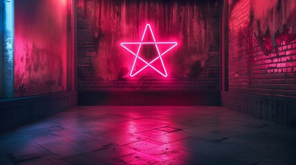 Neon Star Symbol on dark wall background - obrazy, fototapety, plakaty