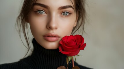 Portrait of a young woman holding a red rose.
