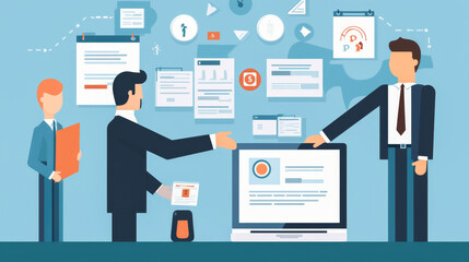 Human resources activities captured through illustrations, including CV review and handshaking.