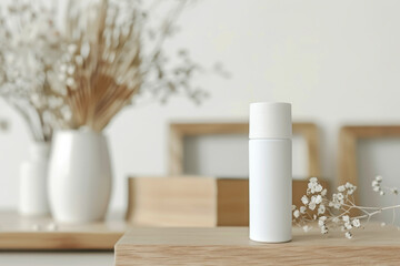 White cosmetic bottle on a wooden shelf in a minimalist home setting.