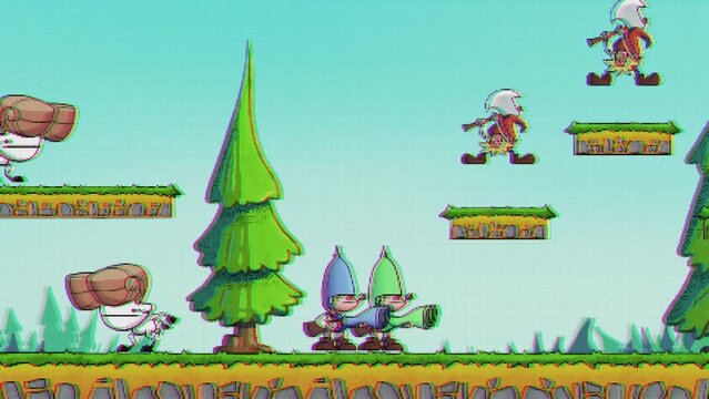 CGI 2D arcade game interface with two military servants with guns winning big boss and passing level