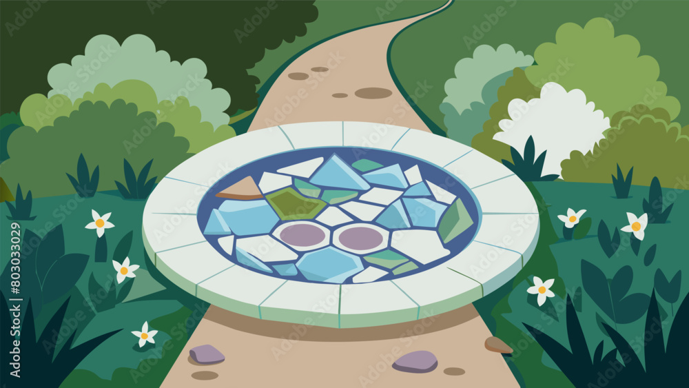 Poster a mosaic stepping stone made from broken kitchen plates adding a unique touch to a garden path.. vec