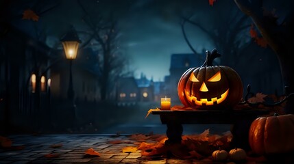 Full Moon Halloween: Horror Lantern Casting Blue Glow on Table