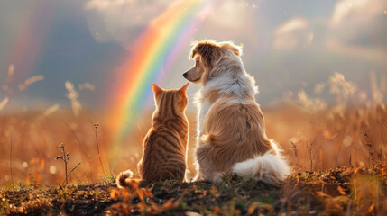 Cat and dog looking at rainbow - concept of pets passing away