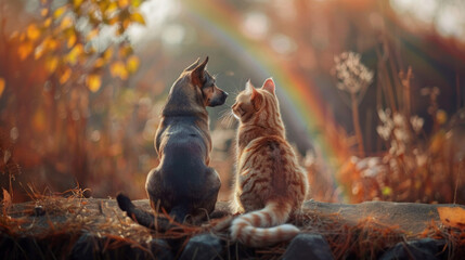 Fototapeta premium Cat and dog looking at rainbow - concept of pets passing away
