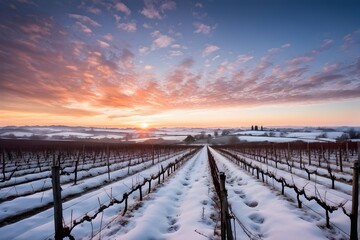 winter in the vineyard with snow blankets dormant vines and ambient light