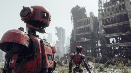 Metal terminator robots in destroyed town, apocalyptic scene