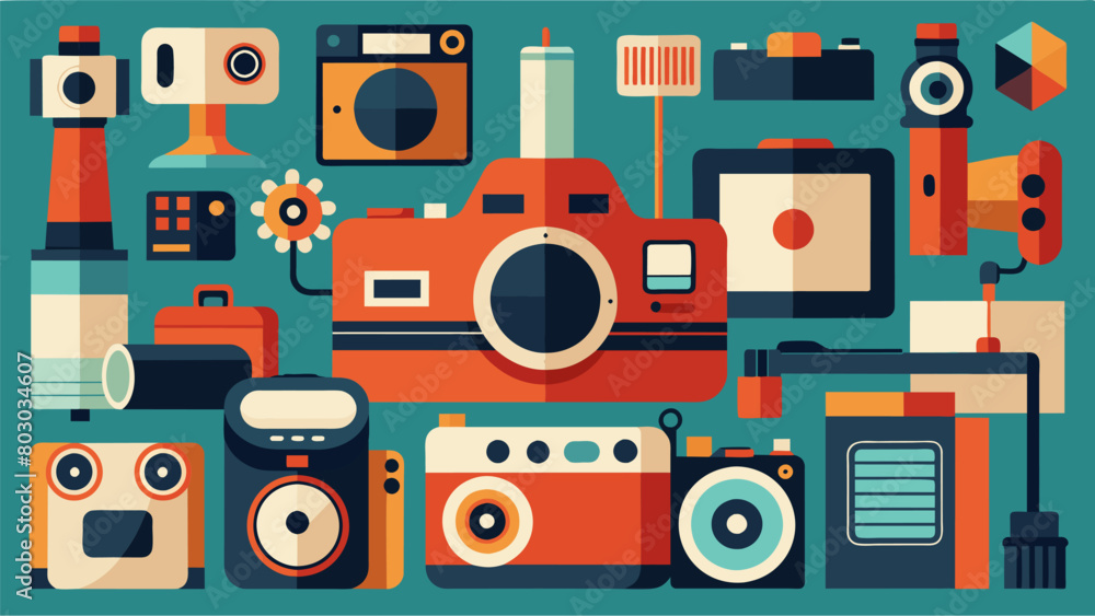 Poster the workshop space is filled with an array of vintage cameras from box cameras to old folding camera