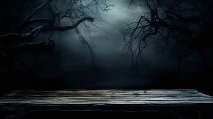 Eerie Halloween Ambiance: Moonlit Trees on Rustic Table Silhouette