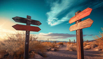 two weathered direction signs in a desert landscape under a vibrant sky, suggesting mystery and exploration