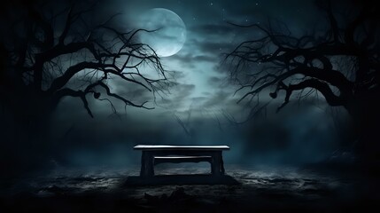 Spooky Halloween Scene: Dead Tree Silhouette on Dark Wooden Table