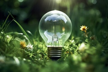 a clear bulb amidst greenery, reflecting a world within, surrounded by blooming flowers under sunlight