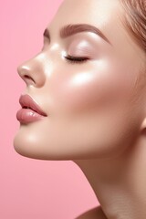 Naklejka premium Delicately made up woman s portrait on soft pastel background with space for text