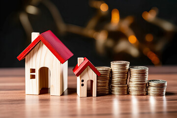 wooden house models and coins, symbolizing real estate investment and property value growth.