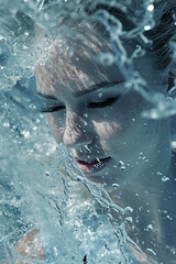 woman is in a pool of water, with her face partially submerged. The water is clear and the sun is shining on her face, creating a beautiful and serene atmosphere