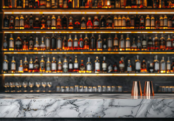Marble bar counter and alcohol bottles