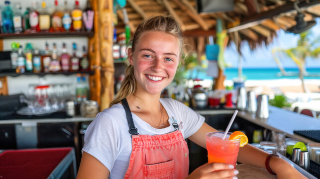 Female bartender in seaside beach bar, showing tropical cocktail