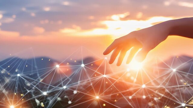 Hand reaching out and touching glowing nodes in an interconnected digital network, representing futuristic technology enabling seamless connectivity in a visually stunning abstract visualization.
